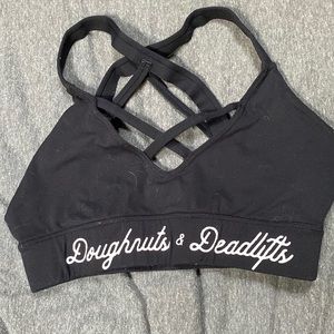 Black doughnuts and deadlifts sports bra